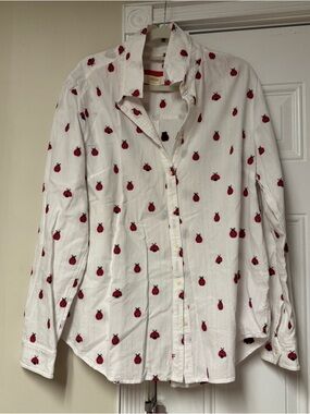 Anthropologie White Shirt with Red Ladybug Detail